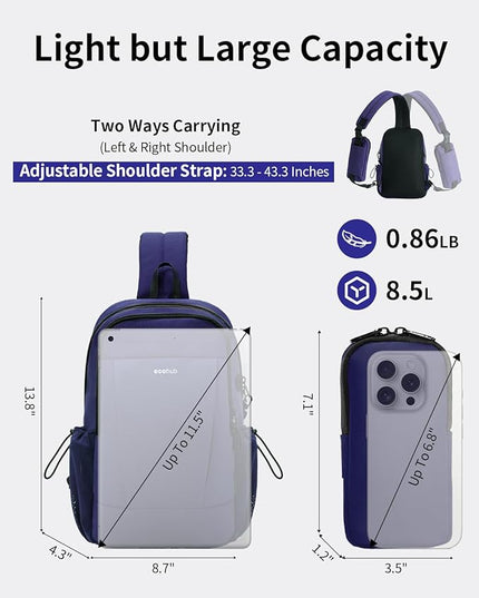 ECOHUB Anti-Theft Crossbody Bag Men Women, RFID Blocking Lightweight Sling Backpack Eco-Friendly with 9 Pockets Sturdy SBS Zippers Water Resistant for Travel Work Hiking Outdoor, Blue