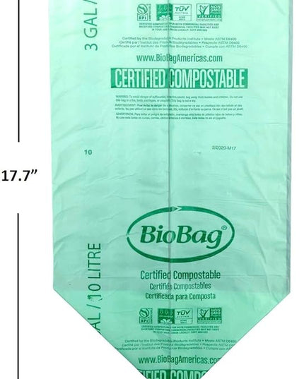 3 Gallon Compostable Food Scrap Bags by BioBag, 100 Count, BPI Certified, Meets ASTM D6400 Standards, Made in USA, Kitchen Trash Bin Liners