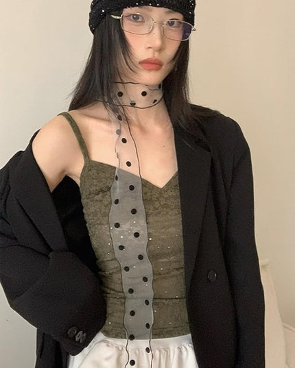 Bohemian Polka Dots Scarf for Women Delicate Lace Long Wrap Choker Necklace Graceful Ribbon Tie Neckerchief Layered Sweet Spicy Choker Fashion Soft Gauze Necklace Jewelry Gift