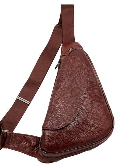 Basic Cowhide Leather Sling Bag Crossbody Chest Pack Shoulder Daypack (Tan Brown)