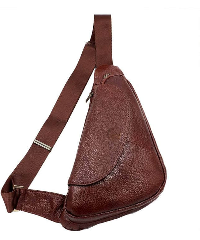 Basic Cowhide Leather Sling Bag Crossbody Chest Pack Shoulder Daypack (Tan Brown)