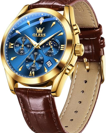 OLEVS Men's Watches Leather Strap Analog Quartz Watch, Fashion Big Dial Date Waterproof Watch, Dress Luxury Luminous Men Watches