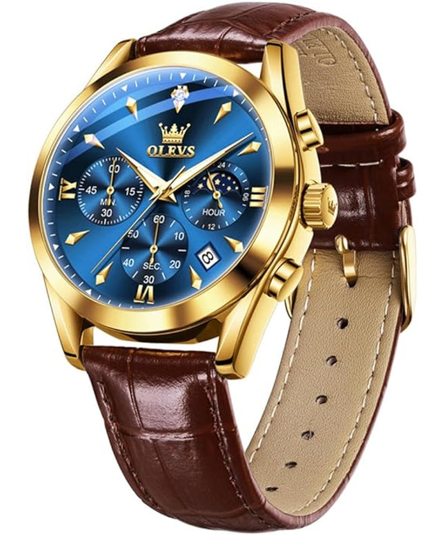 OLEVS Men's Watches Leather Strap Analog Quartz Watch, Fashion Big Dial Date Waterproof Watch, Dress Luxury Luminous Men Watches