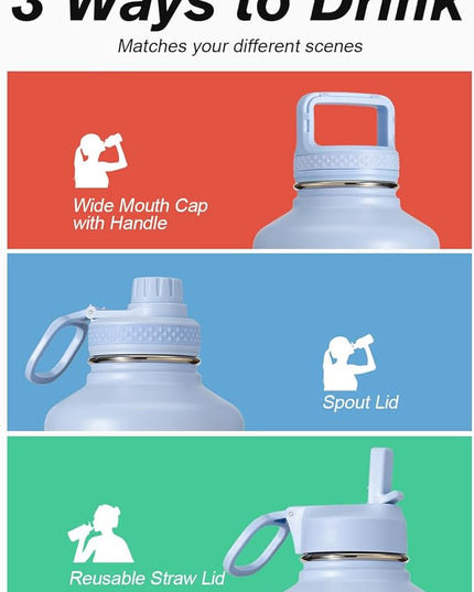 Half Gallon Water Bottle Insulated with Straw & 3 Lids, Coolflask 64 oz Water Jug Large Metal Stainless Steel Wide Mouth for Sports, Gym or Office, Non-BPA Keep Cold 48H Hot 24H, Light Blue