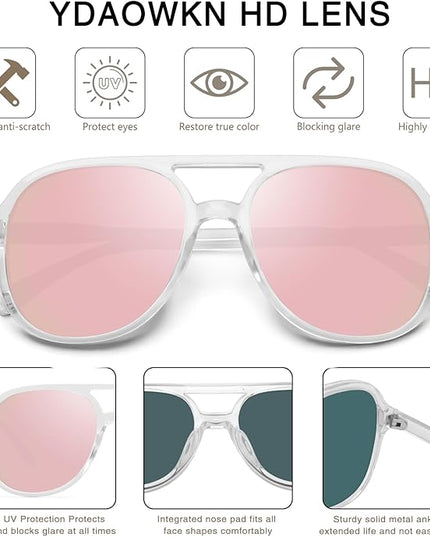 YDAOWKN Retro Square Aviator Sunglasses for Womens Mens Vintage 70s Double Bridge Sun Glasses