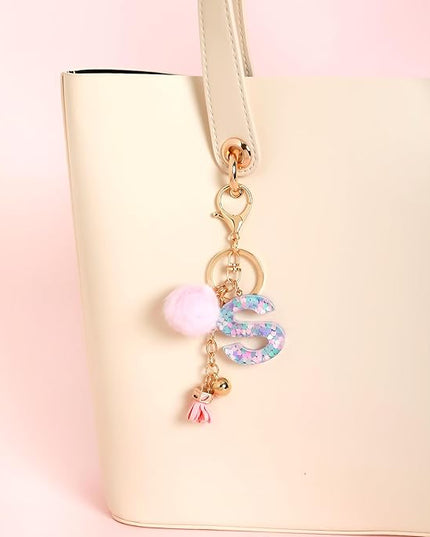 Resin Alphabet Initial Letter Keychain Keyring for Women Purse Handbags With Fur Ball Pom
