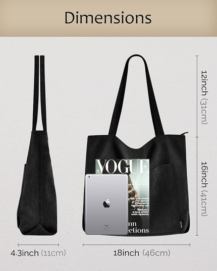 Prite Corduroy Tote Bag for Women Large Shoulder Bag with Zipper and Pockets for College Work Travel Shopping