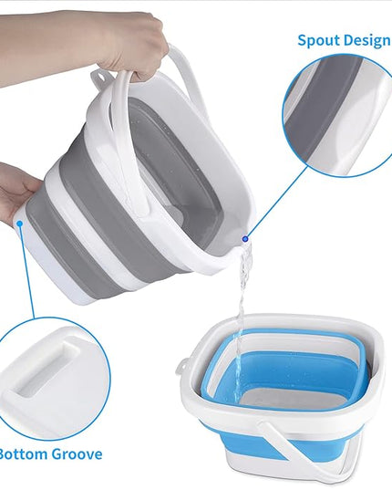 2 Pack Collapsible Buckets 5L 1.3Gallon Small Cleaning Bucket for Household Portable Plastic Bucket Outdoor Car Washing Tub Foldable Camping Beach Sand Water Pot Pail Space Saving Square Grey and Blue