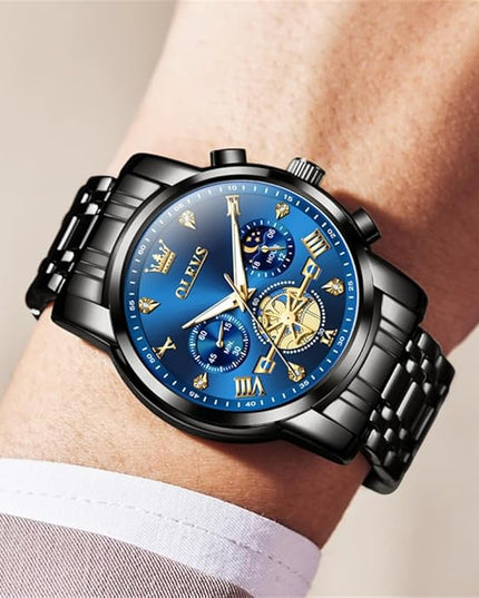 OLEVS Mens Watches Chronograph Watch Luxury Dress Stainless Steel Waterproof Watches for Men Moon Phase Luminous Business Calendar Wrist Watch Blue/Black/Green/Gold/Face