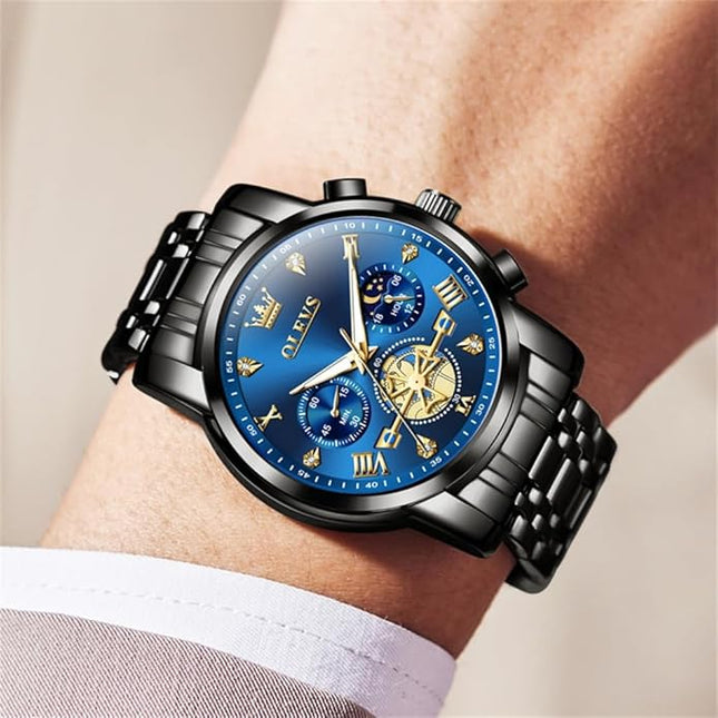 OLEVS Mens Watches Chronograph Watch Luxury Dress Stainless Steel Waterproof Watches for Men Moon Phase Luminous Business Calendar Wrist Watch Blue/Black/Green/Gold/Face