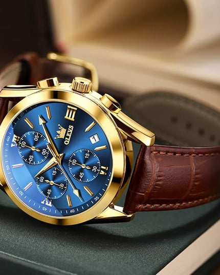 OLEVS Men's Watches Leather Strap Analog Quartz Watch, Fashion Big Dial Date Waterproof Watch, Dress Luxury Luminous Men Watches