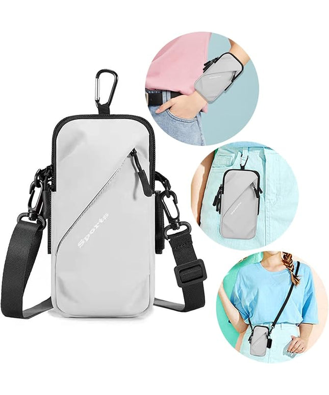 Phone Holder, Small Crossbody Shoulder Holsters Bag with Arm Band, Fits iPhone and Android, Use for Running, Walking, Hiking & Biking (6.7 Inches, Grayish White)