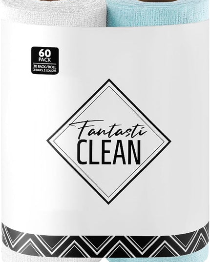 Fantasticlean Microfiber Cleaning Cloth Roll -60 Pack, Tear Away Microfiber Towels, 12" x 12", Reusable, Washable, Scratch Free, Ultra Absorbent Dishcloth for All-Around Cleaning (White & Blue)