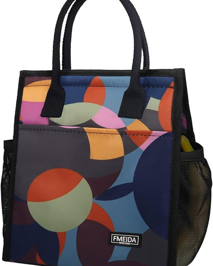 Fmeida Insulated Lunch Bag Women, 9L Large Lunch Bags with Multiple Pockets, Reusable Thermal Cooler Tote for Work, Office, Picnic, Travel | Hook and Loop Closure, Multicolor