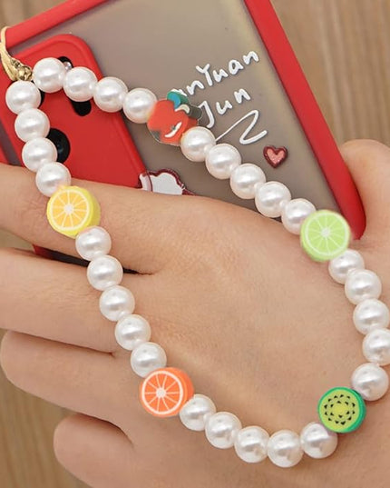 Taouzi 6PCS Beaded Phone Charms Face Fruit Star Pearl Rainbow Beads Phone Lanyard Wrist Strap for Women