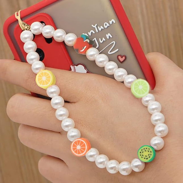 Taouzi 6PCS Beaded Phone Charms Face Fruit Star Pearl Rainbow Beads Phone Lanyard Wrist Strap for Women