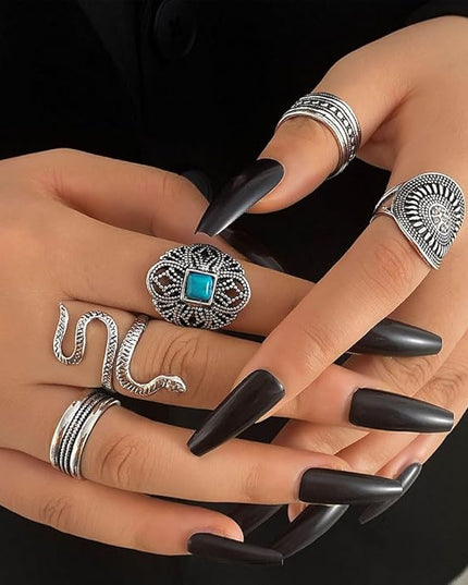 KISS WIFE Cool Rings Set for Women, Vintage Silver Punk Rings Bulk, Gothic Chunky Knuckle Emo Stackable Finger Ring Pack Western Jewelry Gift for Her