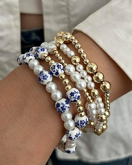 Gold Beaded Bracelets for Women, 14K Real Gold Plated Jewelry for Women Dainty Pearl Bead Bracelets Stack, Non Tarnish Trendy Stackable Ball Cross Stretch Bracelet Set Fashion Accessories Gifts