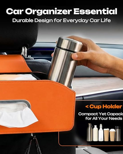 Car Seat Back Organizer with Tissue Box, Multifunctional Backseat Organizer for Car Interior Storage, Seat Back Storage Organizer for Phone, Drinks, Snacks & Handbags (White)