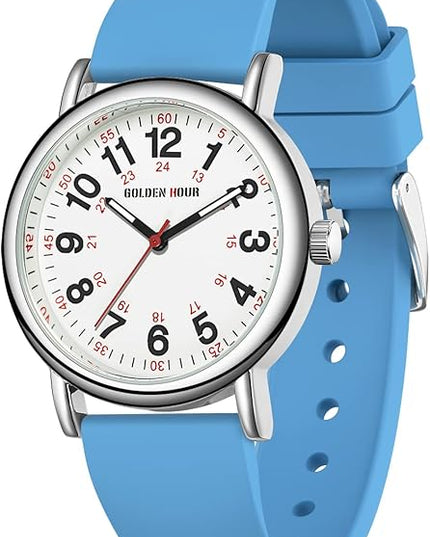 GOLDEN HOUR Waterproof Nurse Watch for Medical Professionals, Students Women Men - Military Time Luminouse Easy Read Dial, 24 Hour with Second Hand, Colorful Silicone Band