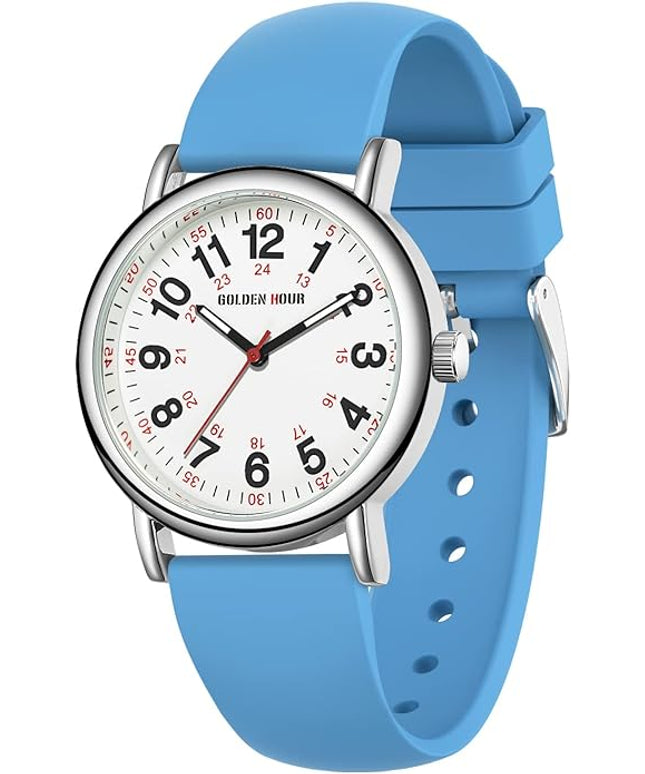 GOLDEN HOUR Waterproof Nurse Watch for Medical Professionals, Students Women Men - Military Time Luminouse Easy Read Dial, 24 Hour with Second Hand, Colorful Silicone Band