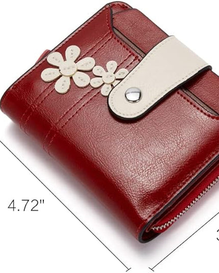 BOSTANTEN Leather Wallets for Women RFID Blocking Zipper Pocket Small Bifold Wallet Card Case Floral Red