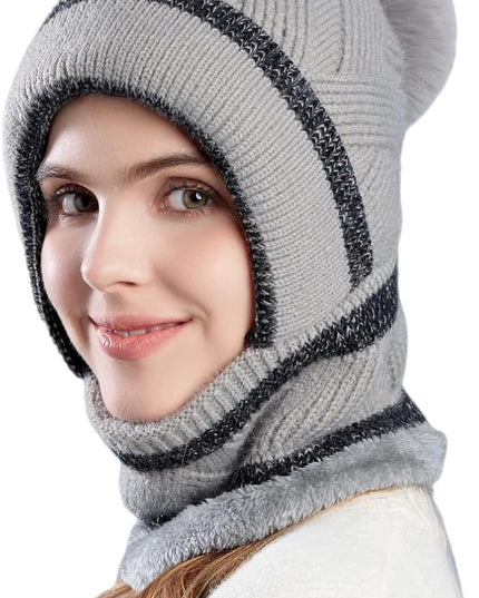 HUAMULAN Women Winter Beanie Hats One Piece Fleece Lined Knit Balaclavas Mask Set Skull Neck Circle Scarf Ski Snow Hat Pompom