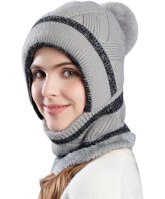 HUAMULAN Women Winter Beanie Hats One Piece Fleece Lined Knit Balaclavas Mask Set Skull Neck Circle Scarf Ski Snow Hat Pompom