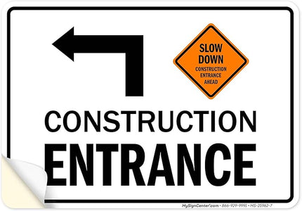 Slow Down Construction Entrance Ahead With Left Arrow Sign, 10x7 Inches, 4 Mil Vinyl Decal Stickers Weather Resistant, Made in USA by My Sign Center