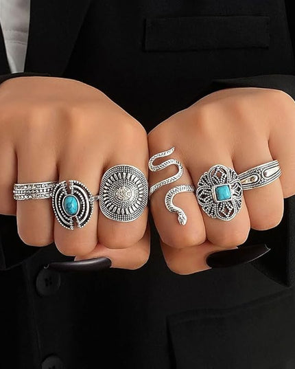 KISS WIFE Cool Rings Set for Women, Vintage Silver Punk Rings Bulk, Gothic Chunky Knuckle Emo Stackable Finger Ring Pack Western Jewelry Gift for Her