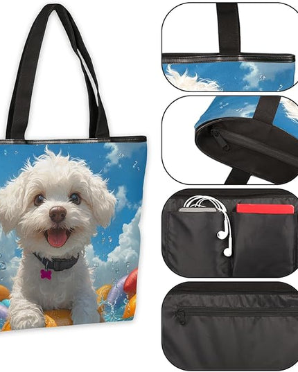 Pardick Summer Surfing Dogs Canvas Tote Bag, Eco Friendly Reusable Grocery Shopping Bags Beach Bag Book Tote Handbags Washable Shoulder Bag With Zipper Inner Pocket for Women Girls