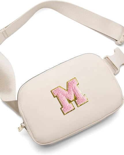 Gitus Belt Bag Fanny Pack Crossbody Bags with Initial Letter Patch Cute Stuff Birthday Gifts for Teenager Girls Trendy Preppy Stuff for Teen Girls(Beige-M)