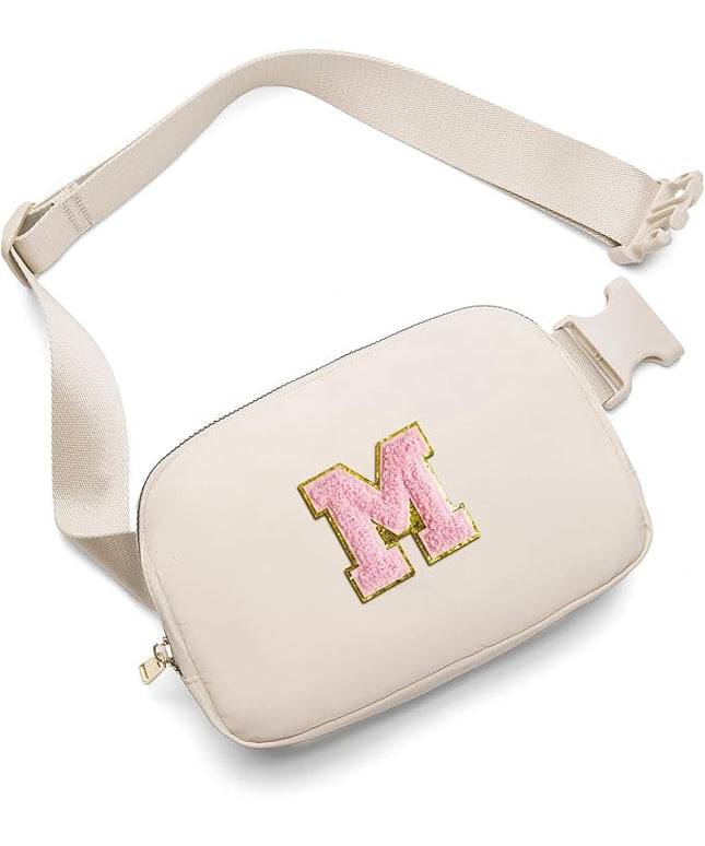 Gitus Belt Bag Fanny Pack Crossbody Bags with Initial Letter Patch Cute Stuff Birthday Gifts for Teenager Girls Trendy Preppy Stuff for Teen Girls(Beige-M)