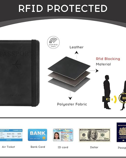 ILIYAH-Passport Cover-Passport Holder Travel Wallet-RFID-Blocking Passport Case Travel Accessories Card Holder Wallet Unisex Travel Gifts（Black）