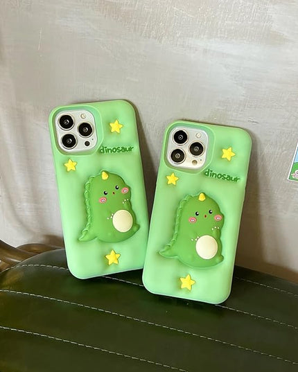 Case Compatible with iPhone 15 Pro Max,Cute 3D Kawaii Funny Green Dinosaur Decompression Cartoon Cover with Keychain Soft Silicone Gel Drop Protector Women Girls