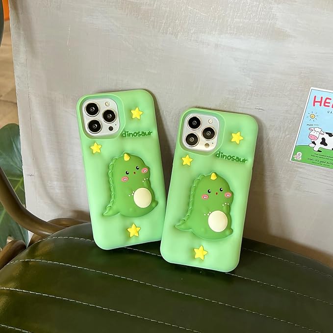 Dinosaur Case Compatible with iPhone 16 Pro,Cute 3D Cartoon Green Dinosaur Decompression Funny Kawaii Soft Silicone Gel Drop Protection Cover for Women Girls