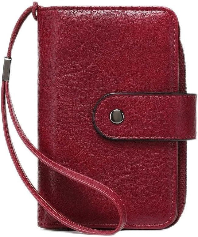 Genuine Leather Women's Wallet with Large Capacity Double Zip Around Design RFID Blocking Credit Card Holder and Wristlet Purse Black (Burgundy)
