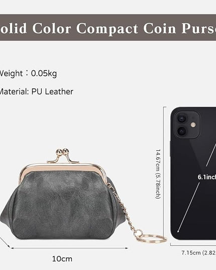 Genuine Leather Wallet Retro Kiss Lock Change Pouch Portable Coin Purse Key Case for Women Gift Box Black (Gray)