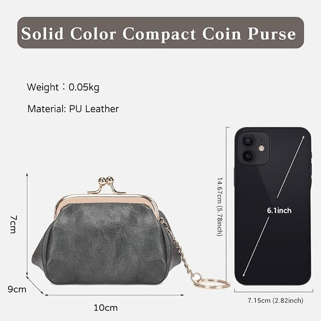 Genuine Leather Wallet Retro Kiss Lock Change Pouch Portable Coin Purse Key Case for Women Gift Box Black (Gray)