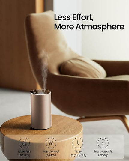Waterless Essential Oil Diffuser, Rechargeable Scent Diffusers with 3 Mist Levels & Timers, Portable Aromatherapy Diffuser for Home Car Room Studio Office, Desert Titanium