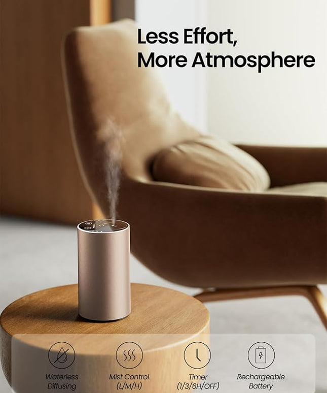 Waterless Essential Oil Diffuser, Rechargeable Scent Diffusers with 3 Mist Levels & Timers, Portable Aromatherapy Diffuser for Home Car Room Studio Office, Desert Titanium