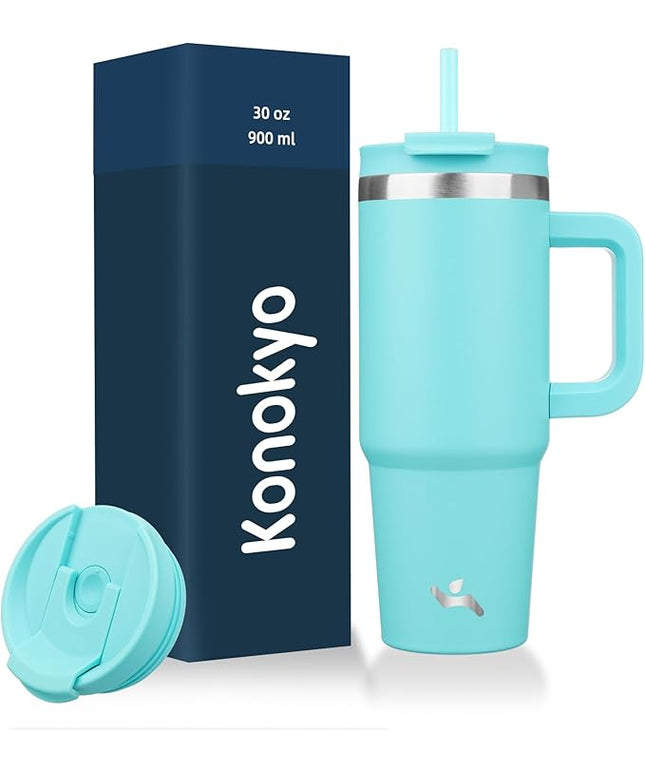 30 oz Tumbler with Handle and 2 Straws,2 in 1 Lid Insulated Water Bottle Stainless Steel Travel Coffee Mug,Turquoise