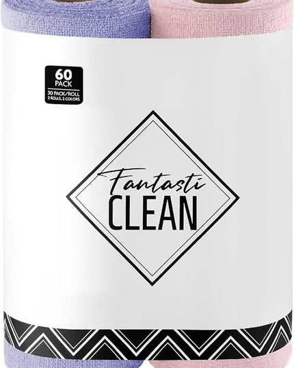 Fantasticlean Microfiber Cleaning Cloth Roll -60 Pack, Tear Away Microfiber Towels, 12" x 12", Reusable, Washable, Scratch Free, Ultra Absorbent Dishcloth for All-Around Cleaning (Pink & Lavender)