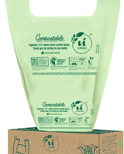 UNNI Compostable T-Shirt Bags with Tie Handles, 8 Gallon / 30 Liter, 30 Count, 0.80 mil Medium Kitchen Compost Liners, Certified by BPI, CMA & OK compost HOME, Meets ASTM D6400