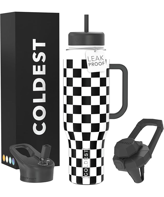 Coldest Tumbler with Handle and Straw, 100% Leak Proof Insulated Tumbler with Lid and Straw (3 Lids), Stainless Steel Tumblers for Women & Men, Cup Holder Friendly, 46 oz (Black Checkers)