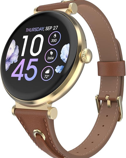 iTouch Bloom Smartwatch – 1.32” AMOLED Display, Bluetooth Calling, 60+ Sports Modes, Heart Rate, SPO₂, Sleep & Stress Monitor, IP68 Waterproof – Android & iOS (Gold/Brown w/PU Strap)