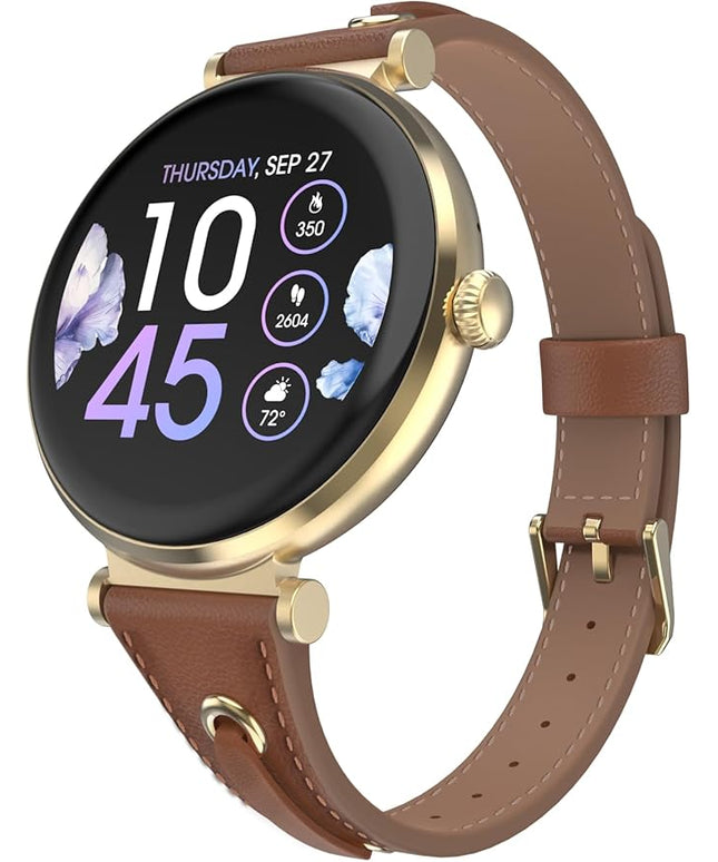 iTouch Bloom Smartwatch – 1.32” AMOLED Display, Bluetooth Calling, 60+ Sports Modes, Heart Rate, SPO₂, Sleep & Stress Monitor, IP68 Waterproof – Android & iOS (Gold/Brown w/PU Strap)