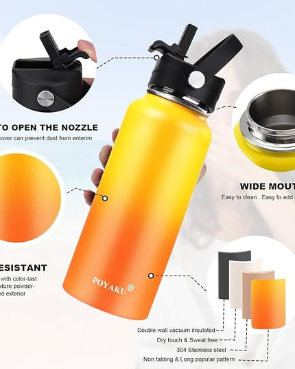 Water Bottle Insulated 32oz 40oz 64oz 128oz Straw Lid Spout Lid & 3 Lids, Leak Proof, Vacuum Insulated,Stainless Steel Water Bottle Wide Mouth for Sports, Gym or Office
