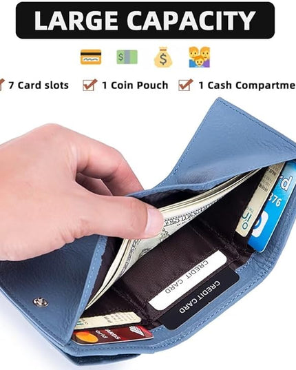 Mudono Small Wallet for Women Genuine Leather RFID Blocking Card Holder Minimalist Tri-fold Cash Wallet with Snap Coin Pouch