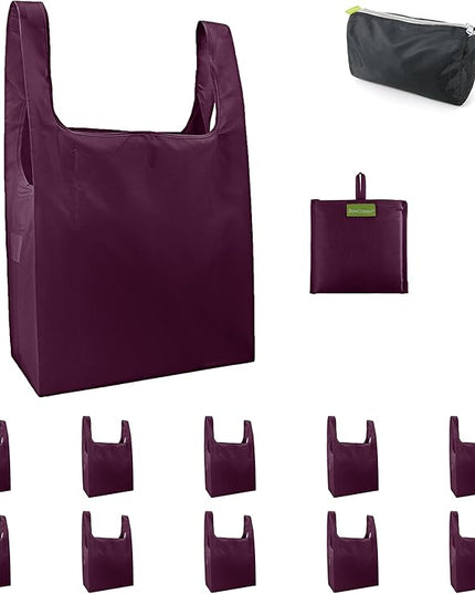 BeeGreen Burgundy Reusable Grocery Bags with Zipper Storage Pouch 10 Packs Wine Red Reusable Shopping Bags Bulk Foldable-Machine Washable